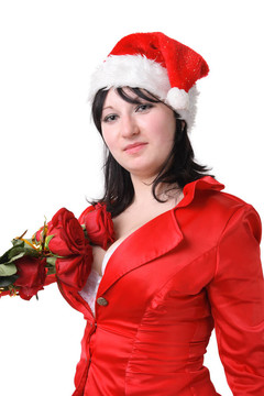 穿紅衣服的女人，戴著紅玫瑰的圣誕老人帽