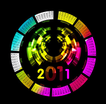 七彩日歷為2011。圓形的設計。每周星期日開始
