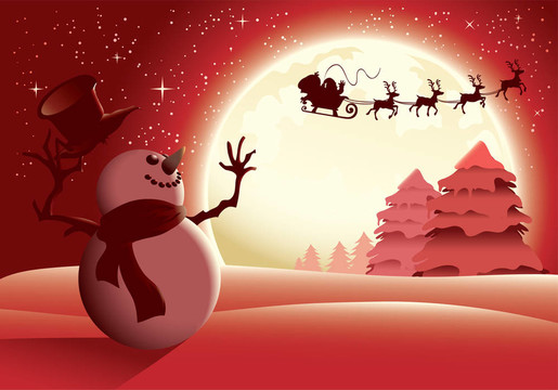一個雪人揮舞著幸福的Santa和他的一個滿月背景紅色雪橇插圖版。