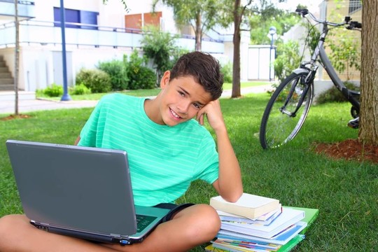 男孩少年功課坐花園學習