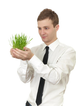 男子拿著一個小植物