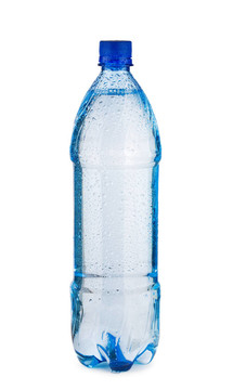 带水和水滴的蓝色瓶子