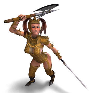 漂亮的女騎士充當(dāng)守衛(wèi)。3D渲染與剪輯路徑和陰影超過白色