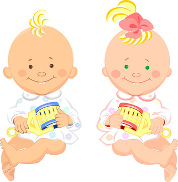 兩個(gè)孩子；男孩和女孩坐著微笑；