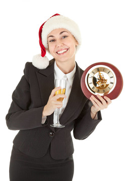 商業(yè)女郎在Santa帽子和香檳