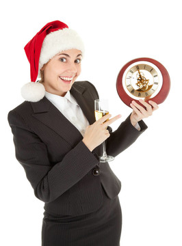 商業(yè)女郎在Santa帽子和香檳