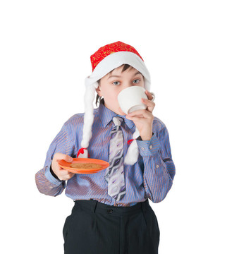 可愛的孩子與Santa帽子孤立在白色背景