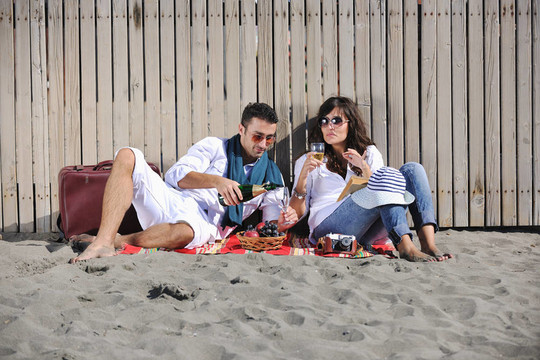 年轻夫妇在海滩上野餐