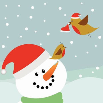 鳥和雪人與Santa帽