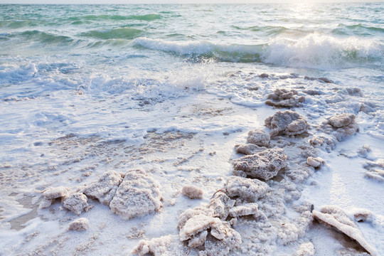 在死海海灘上的結晶鹽