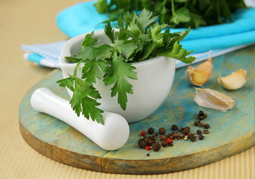 在一個(gè)迫擊炮的綠色香菜