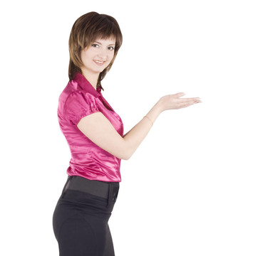 幸福的女人在他的手掌上展示著什么