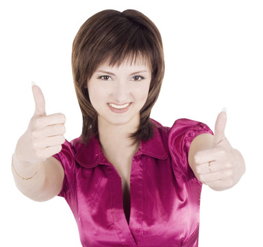 可愛(ài)的女人用大拇指的明亮圖片