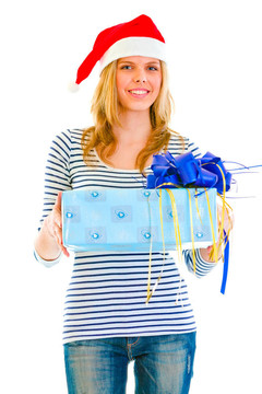 漂亮的少女在Santa帽子禮物
