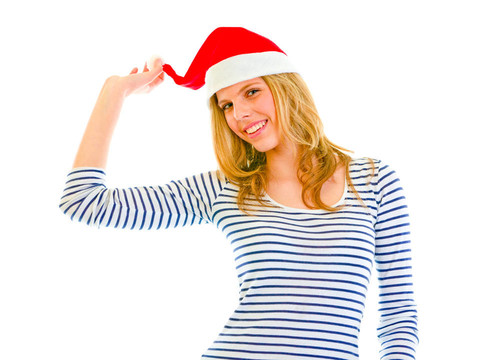 可愛的少女在Santa的帽子