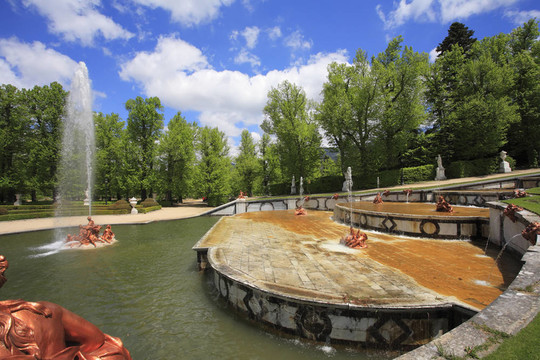 西班牙城市塞哥維亞古公園噴泉與雕塑的18個世紀瀑布