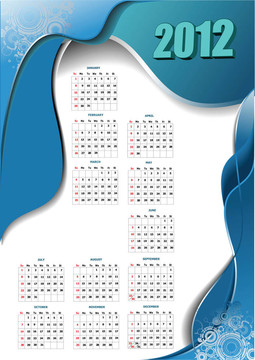 具有波浪圖像的2012日歷。VEC