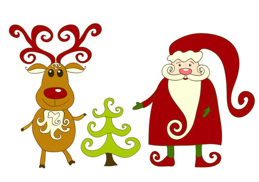 Santa；馴鹿和樹。