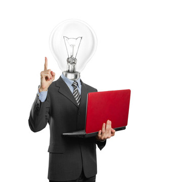帶筆記本電腦的燈泡商人