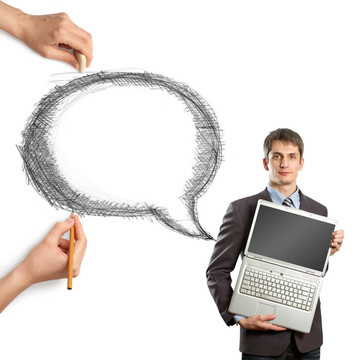 人的手與言語泡沫和人