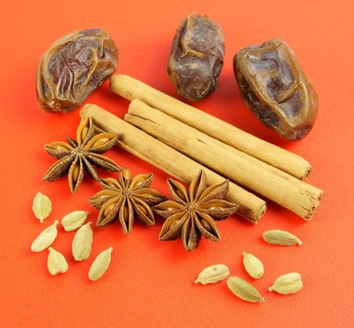 冬天的味道：豆蔻；桂皮；八角茴香；紅色背景上的日期
