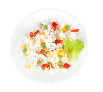 Rice和白色背景的蔬菜