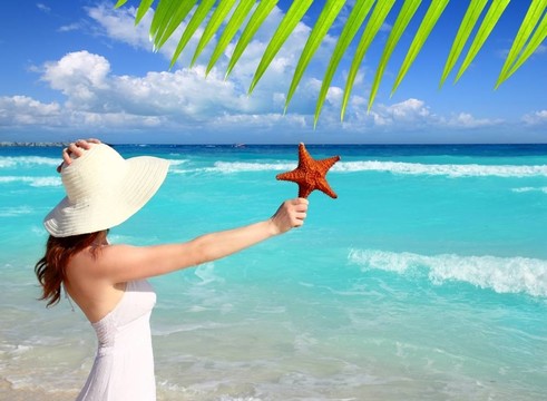 海灘帽子女子海星在手熱帶加勒比