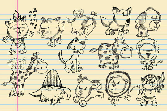 涂鴉素描動(dòng)物向量集