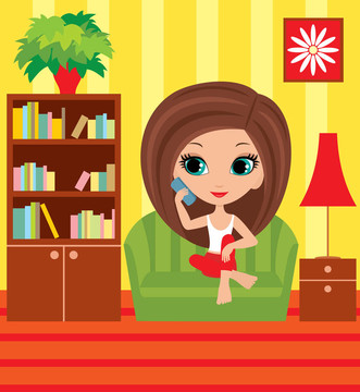 女孩卡通在電話里說話