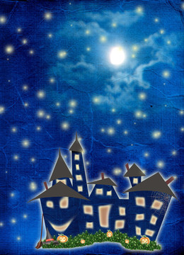 明信片假日與城堡和南瓜在夜間背景