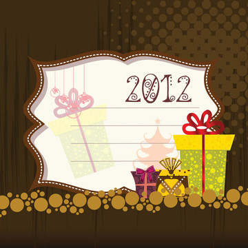 2012快樂的新年賀卡與禮品盒在半色調(diào)背景；金圈；深褐色；樹；絲帶；黃色；紅色；黃色；白色；紅色；顏