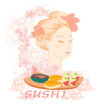 美麗的亞洲女孩和壽司