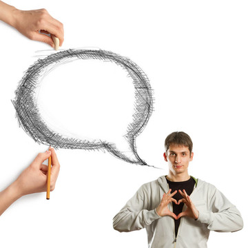 人的手與言語泡沫和人