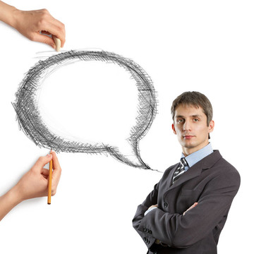 人的手與言語泡沫和人