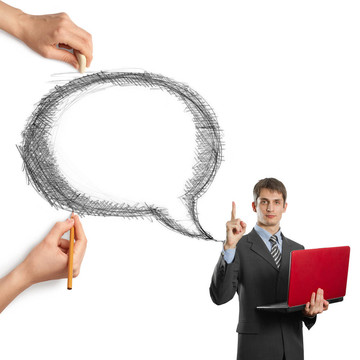 人的手與言語泡沫和人