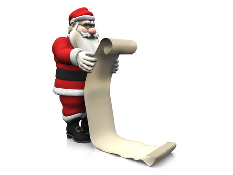 Cartoon Santa拿著長(zhǎng)長(zhǎng)的購(gòu)物清單。