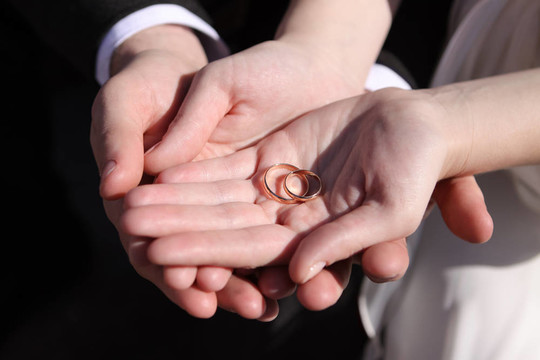 與結(jié)婚戒指的新婚夫婦的手