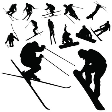 滑雪和單板滑雪的人的剪影