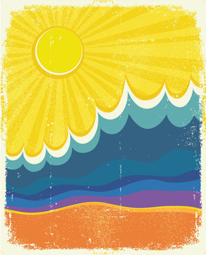 海浪海報(bào)。古典海洋景觀插圖。