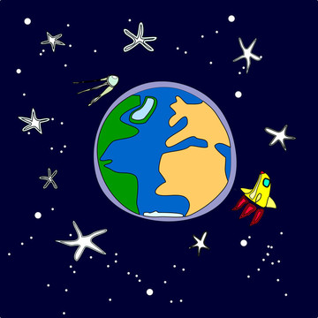 地球與火箭和衛(wèi)星的圖。