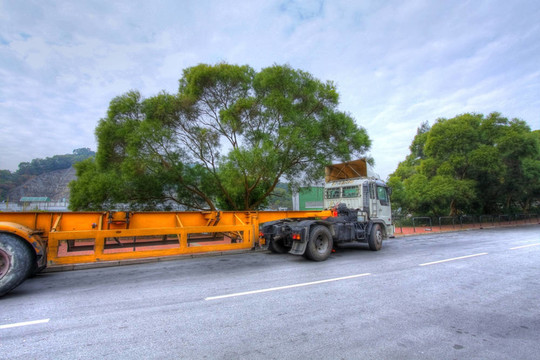 卡車沿著公路；HDR圖像。