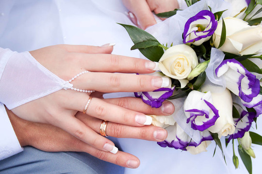與結婚戒指的新婚夫婦的手