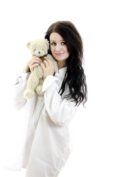 性感的黑人女孩在男人的襯衫，Teddy Bear。白色孤立。