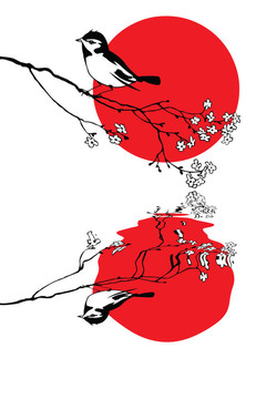 分支輪廓太陽(yáng)背景的鳥；插圖