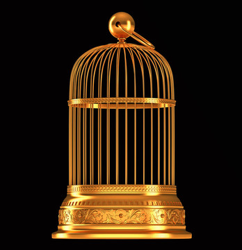 金色的鳥籠孤立在黑