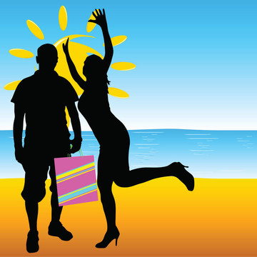男人和女孩夏天在海灘上