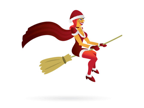 性感女巫在圣誕紅裙與掃帚-插圖