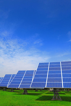 帶綠草的太陽能電池板