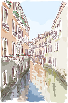 威尼斯.水彩画风格。