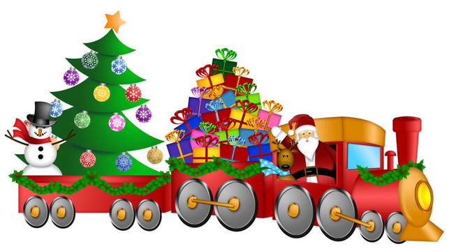 Santa Reindeer Snowman在火車上帶著禮物和圣誕樹
